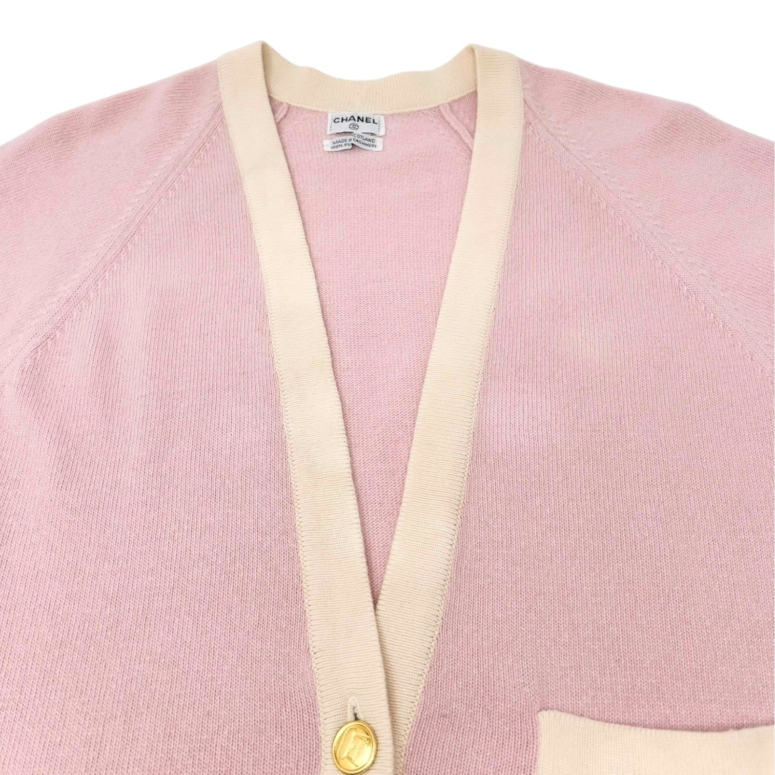 CHANEL Vintage CC Mark Logo Cardigan Pink Cream Cashmere Button Pockets Sweater