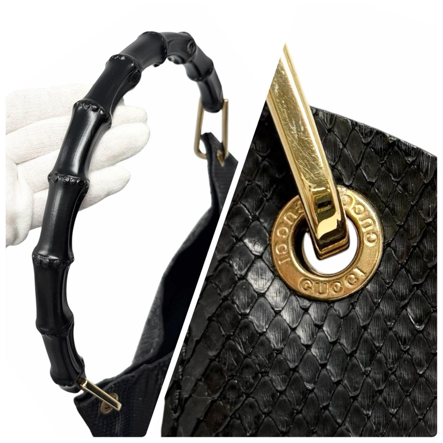 【Exclusive】GUCCI Vintage Logo Bamboo Python Shoulder Bag Black Gold Leather Pouch 800206