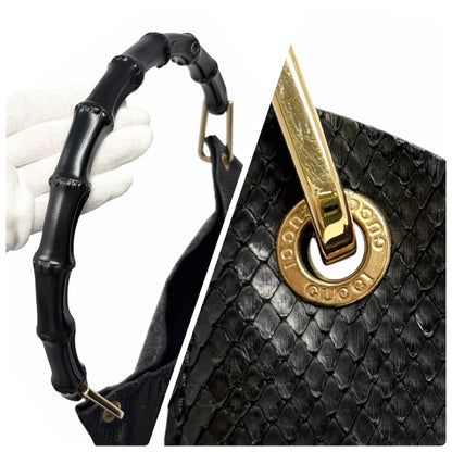 [Exclusive] GUCCI Vintage Logo Bamboo Python Shoulder Bag Black Gold Leather Pouch 800206