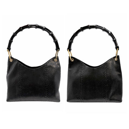 [Exclusive] GUCCI Vintage Logo Bamboo Python Shoulder Bag Black Gold Leather Pouch 800206