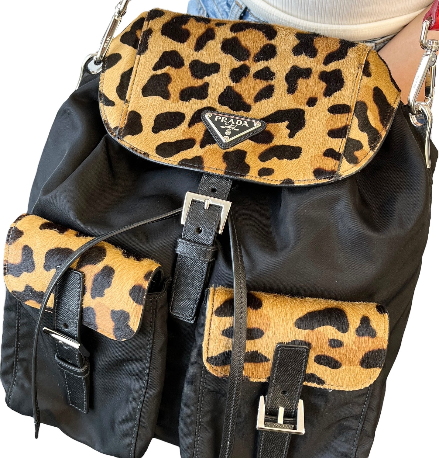 PRADA Vintage Leopard Calf Hair Shoulder Bag Black Nylon Leather Pony 800203