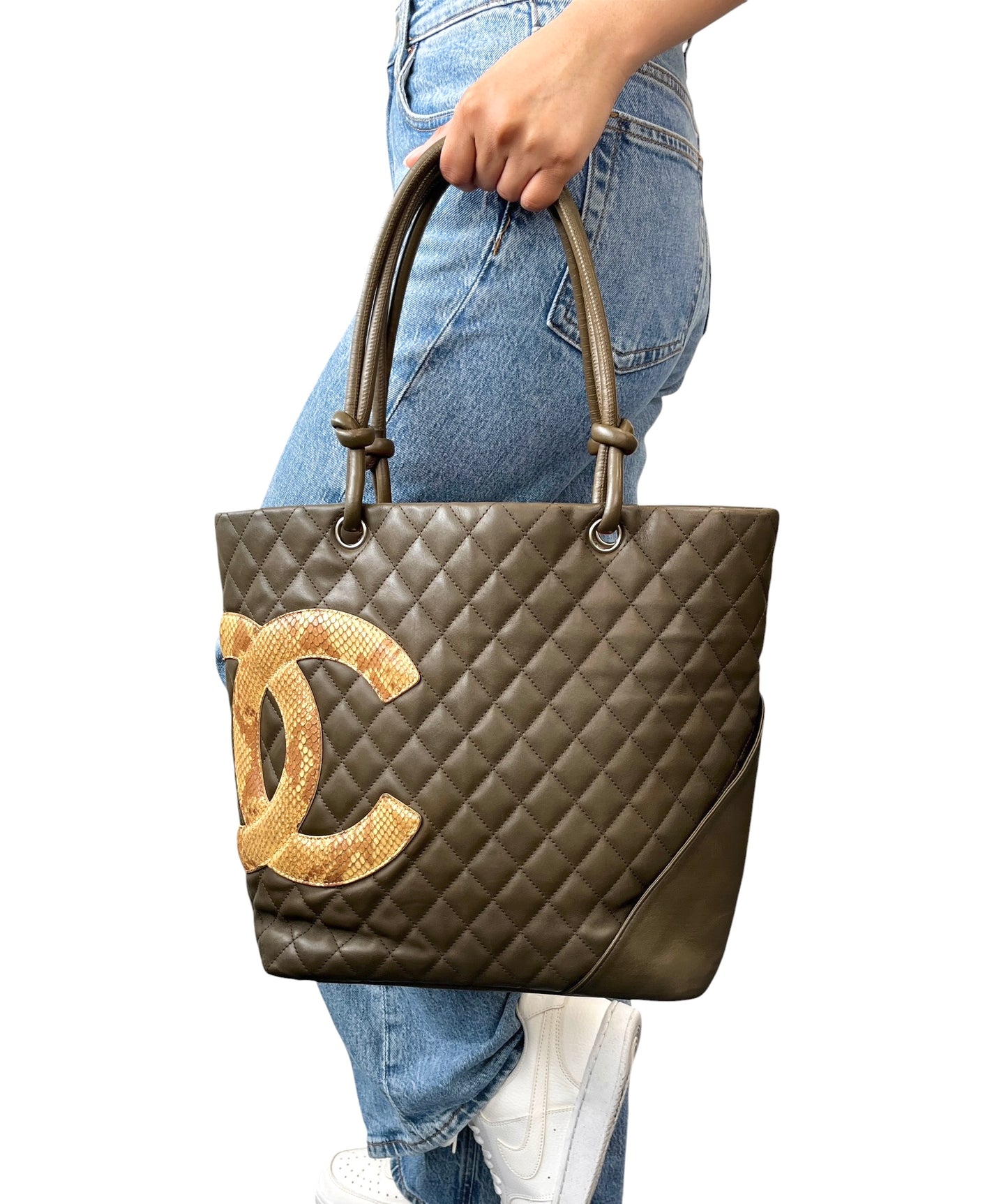 【Exclusive】CHANEL Vintage Cambon Line CC Logo Python Shoulder Tote Bag Khaki Beige 800207