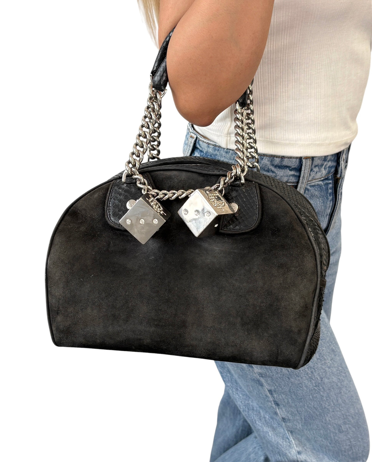 [Exclusive] Dior Vintage Logo Gambler Dice Charm Chain Bag Black Suede 800108