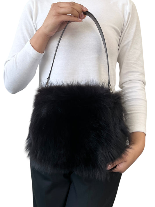 [Exclusive] GUCCI Vintage Mink Fur Mini Bag Pochette Black Silver Satin 800204