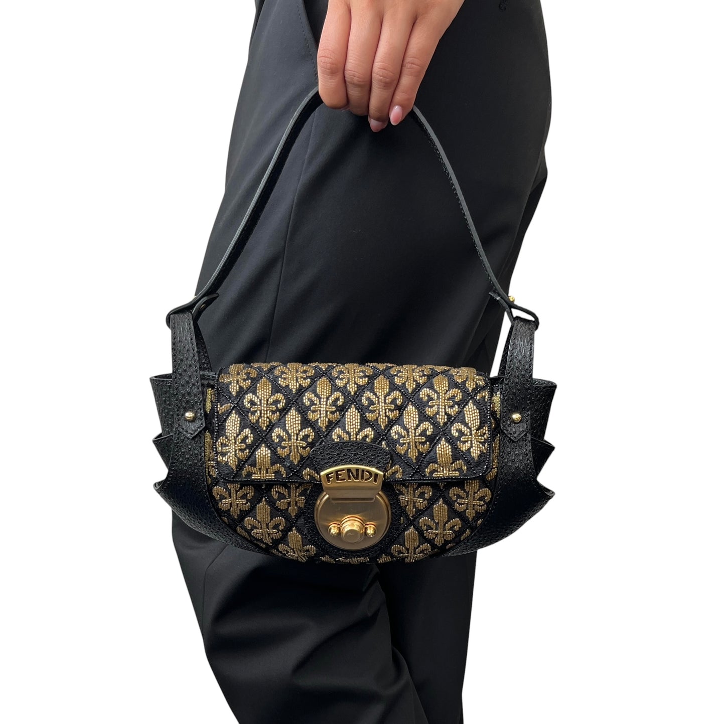 【Exclusive】FENDI Vintage FF Logo Jacquard Embroidered Shoulder Bag Black 800809
