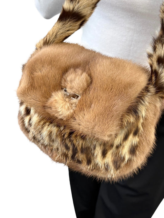 [Exclusive] FENDI Vintage FF Logo Leopard Fur Shoulder Bag Baguette Brown Leather 800002