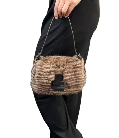 [Exclusive] FENDI Vintage FF Mamma Baguette Fur Bag Brown Silver Leather 800201