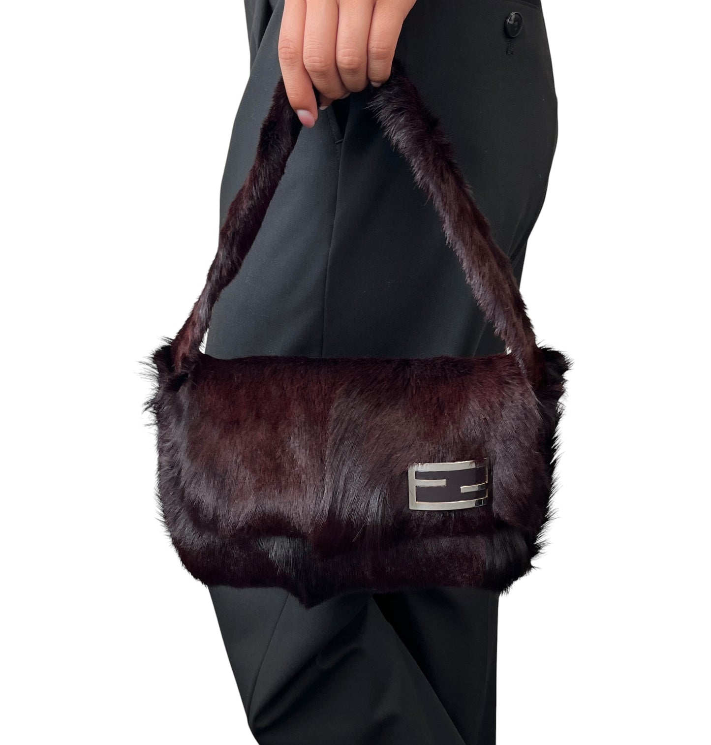 【Exclusive】FENDI Vintage FF Logo Mamma Baguette Fur Shoulder Bag Brown Silver 800205