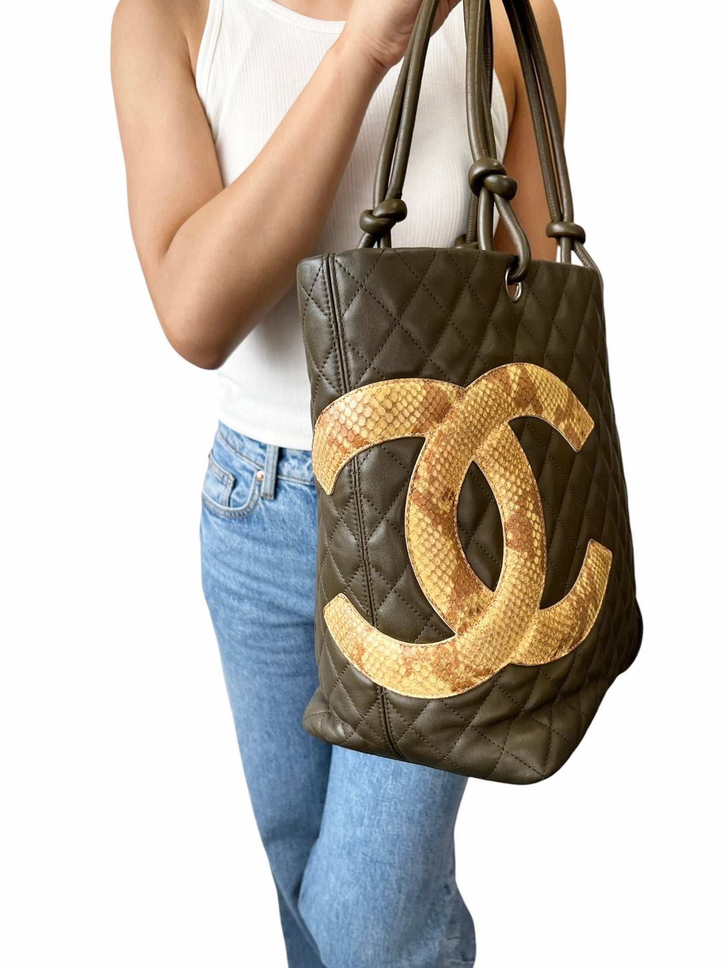 【Exclusive】CHANEL Vintage Cambon Line CC Logo Python Shoulder Tote Bag Khaki Beige 800207