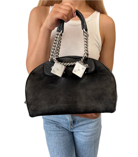 [Exclusive] Dior Vintage Logo Gambler Dice Charm Chain Bag Black Suede 800108