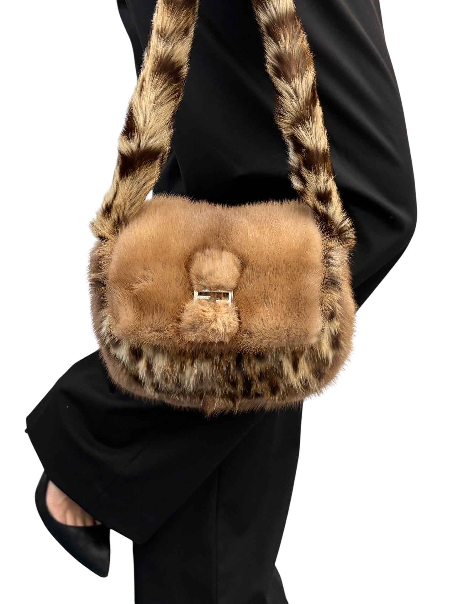 [Exclusive] FENDI Vintage FF Logo Leopard Fur Shoulder Bag Baguette Brown Leather 800002