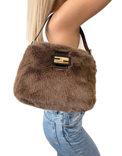 [Exclusive] FENDI Vintage FF Mamma Baguette Shoulder Bag Fur Brown 800804