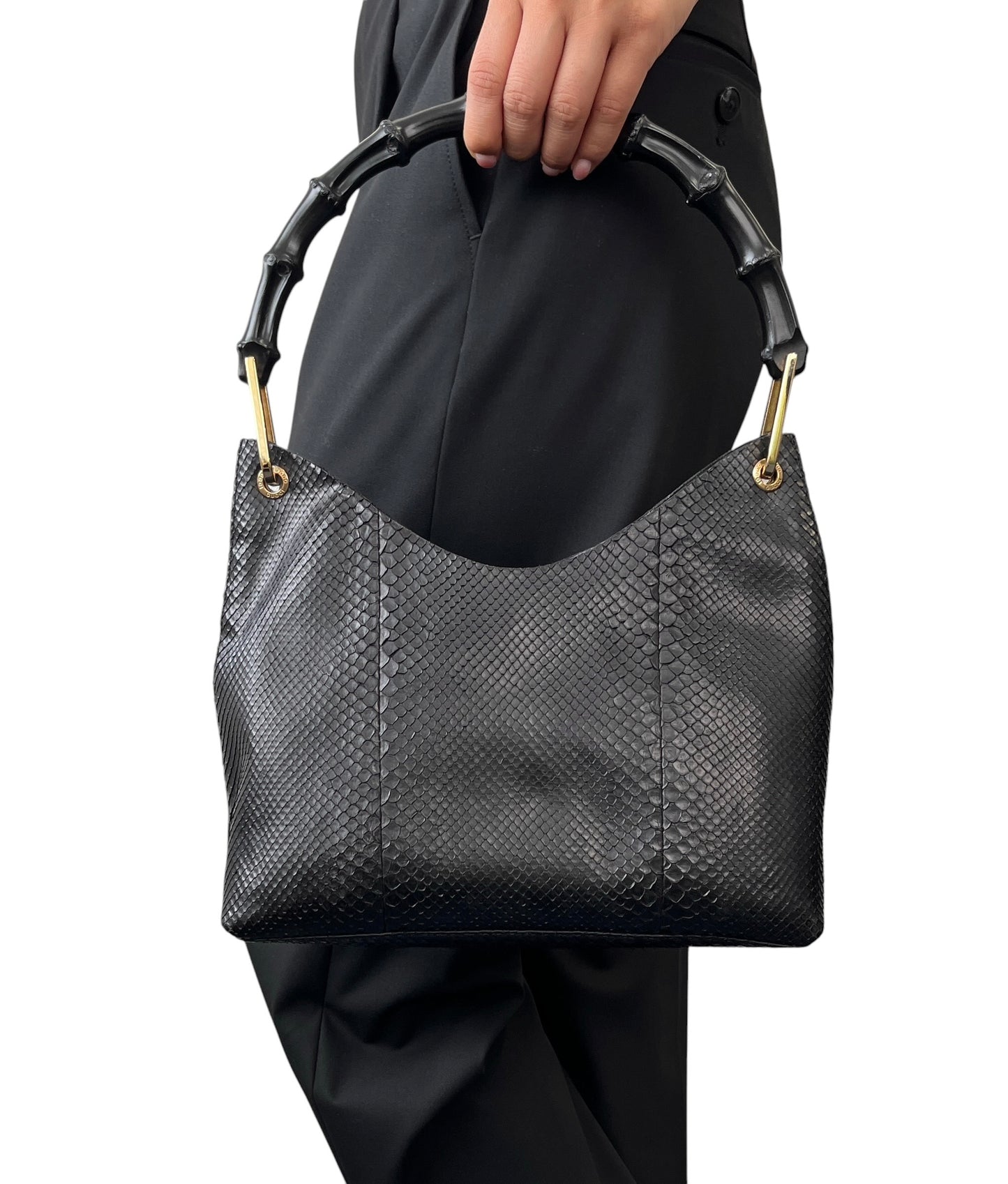 【Exclusive】GUCCI Vintage Logo Bamboo Python Shoulder Bag Black Gold Leather Pouch 800206