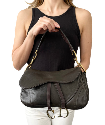 [Exclusive] Christian Dior Vintage CD Double Saddle Bag Brown Leather 800802