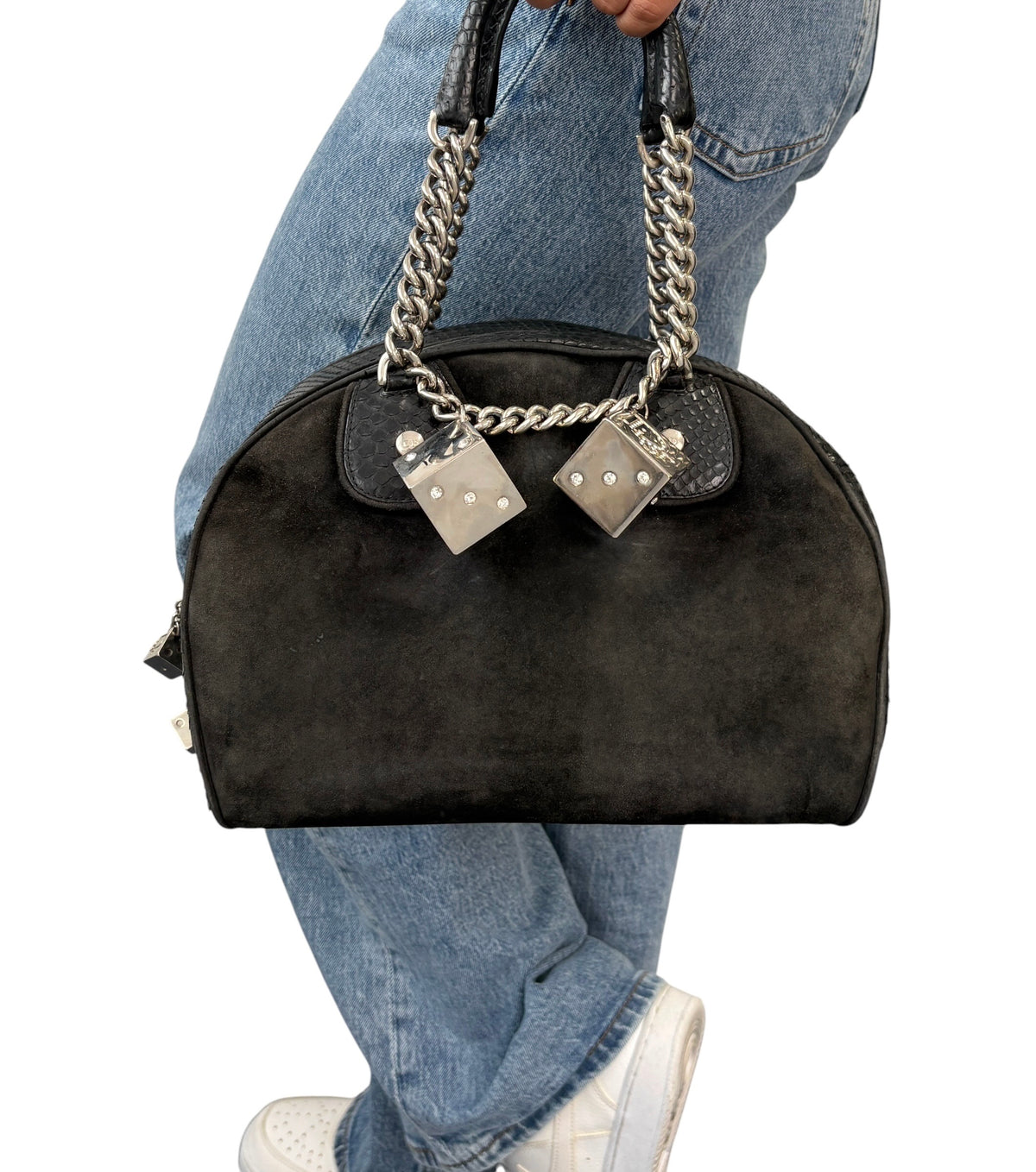[Exclusive] Dior Vintage Logo Gambler Dice Charm Chain Bag Black Suede 800108