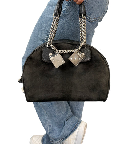 [Exclusive] Dior Vintage Logo Gambler Dice Charm Chain Bag Black Suede 800108