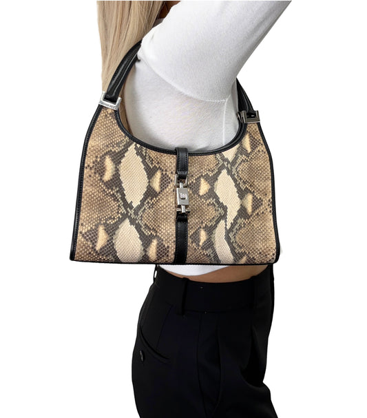[Exclusive] GUCCI Vintage Jackie Python Shoulder Bag Beige Black 800209