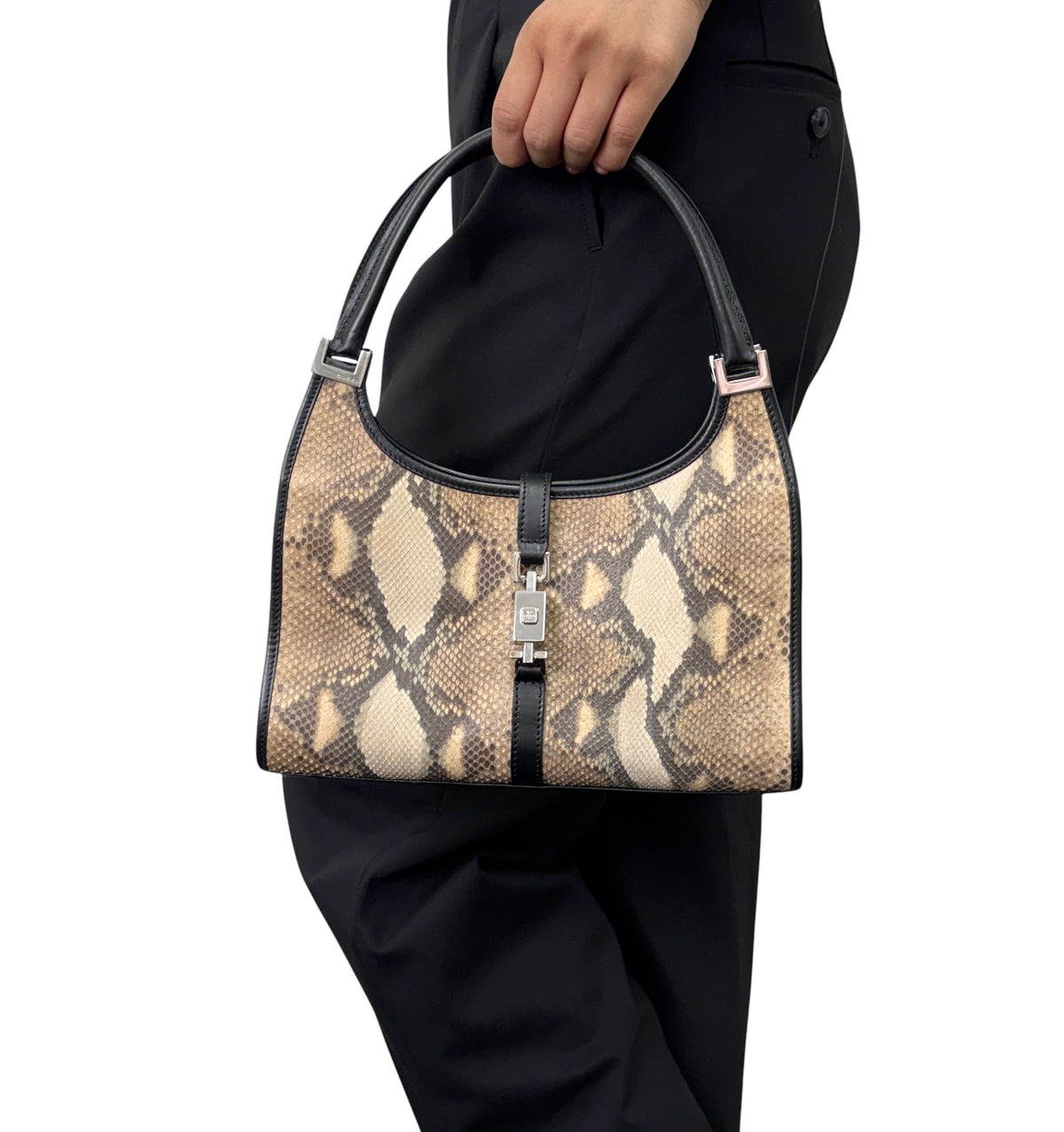 [Exclusive] GUCCI Vintage Jackie Python Shoulder Bag Beige Black 800209