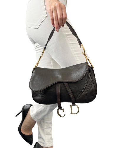 [Exclusive] Christian Dior Vintage CD Double Saddle Bag Brown Leather 800802