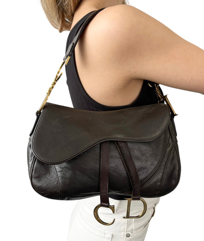 [Exclusive] Christian Dior Vintage CD Double Saddle Bag Brown Leather 800802