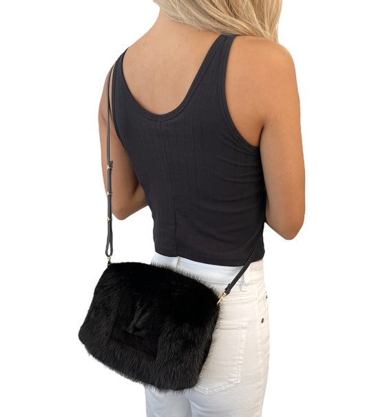 [Exclusive] LOUIS VUITTON Vintage Logo Hand Warmer Bag Mink Fur Black 800102