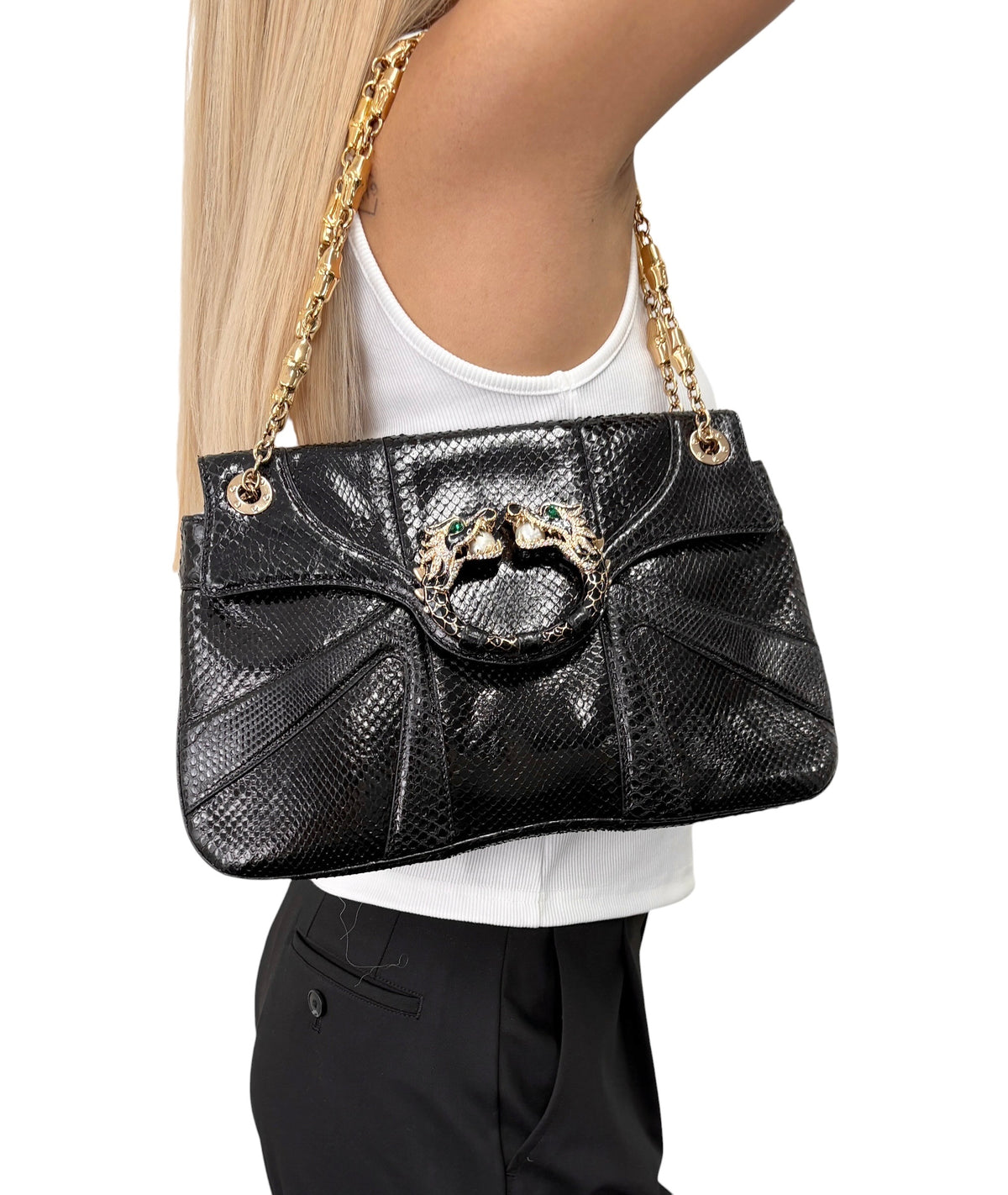 [Exclusive] GUCCI Vintage Python Evening Dragon Shoulder Bag Black 800210