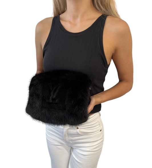 [Exclusive] LOUIS VUITTON Vintage Logo Hand Warmer Bag Mink Fur Black 800102