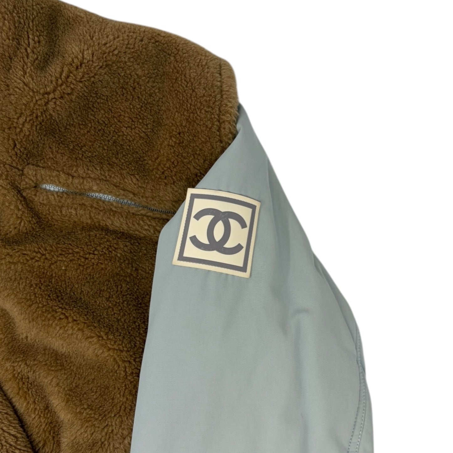 CHANEL Sport Vintage 01A CC Logo Ski Wear Jacket #36 Blue Brown Cotton Fur Zip
