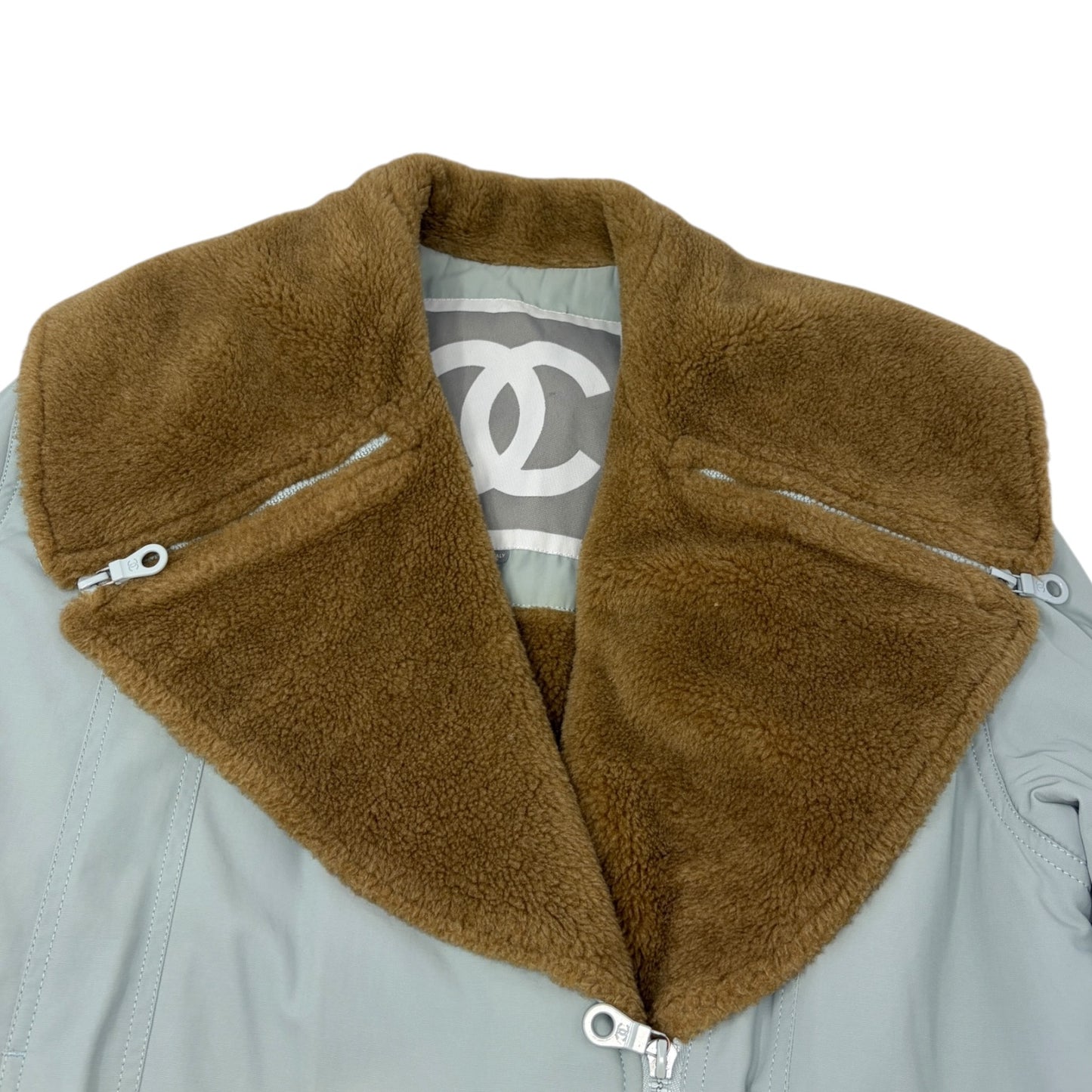 CHANEL Sport Vintage 01A CC Logo Ski Wear Jacket #36 Blue Brown Cotton Fur Zip