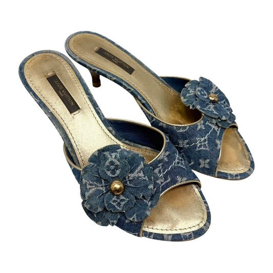 LOUIS VUITTON Vintage Monogram Denim Flower Sandals #36 Blue Gold 902407