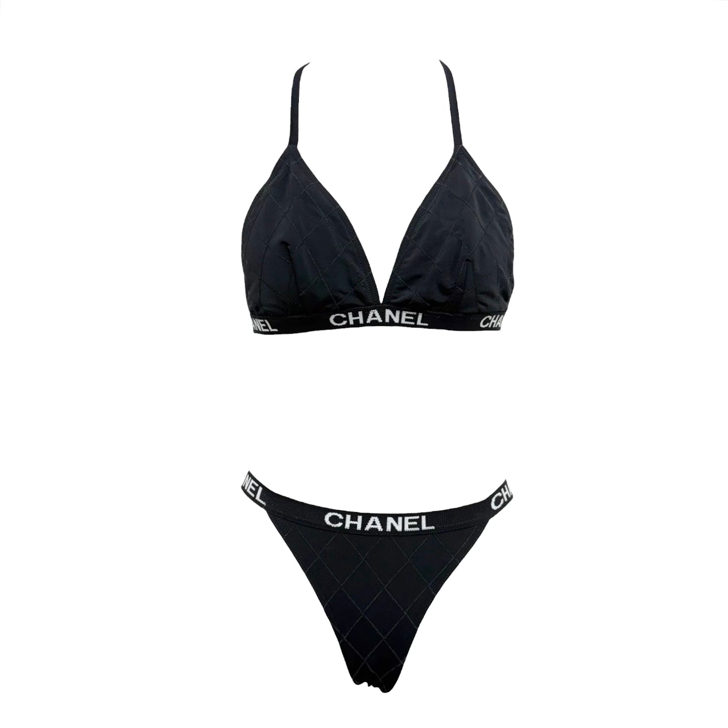 CHANEL Vintage CC Logo Swimsuit Swimwear Bikini Black White Nylon 106952