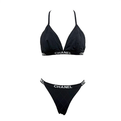 CHANEL Vintage CC Logo Swimsuit Swimwear Bikini Black White Nylon 106952