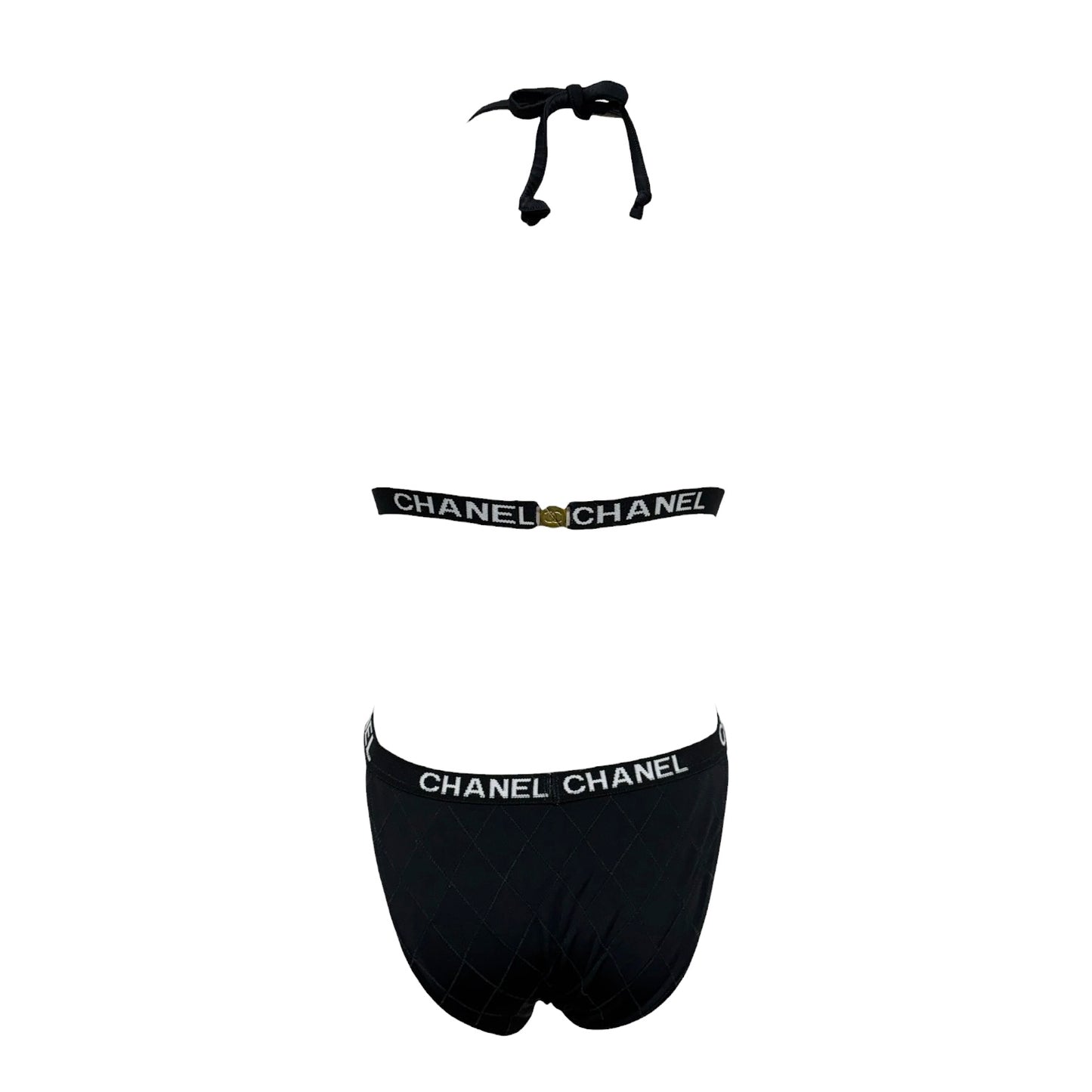 CHANEL Vintage CC Logo Swimsuit Swimwear Bikini Black White Nylon 106952