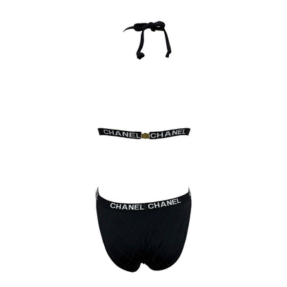 CHANEL Vintage CC Logo Swimsuit Swimwear Bikini Black White Nylon 106952