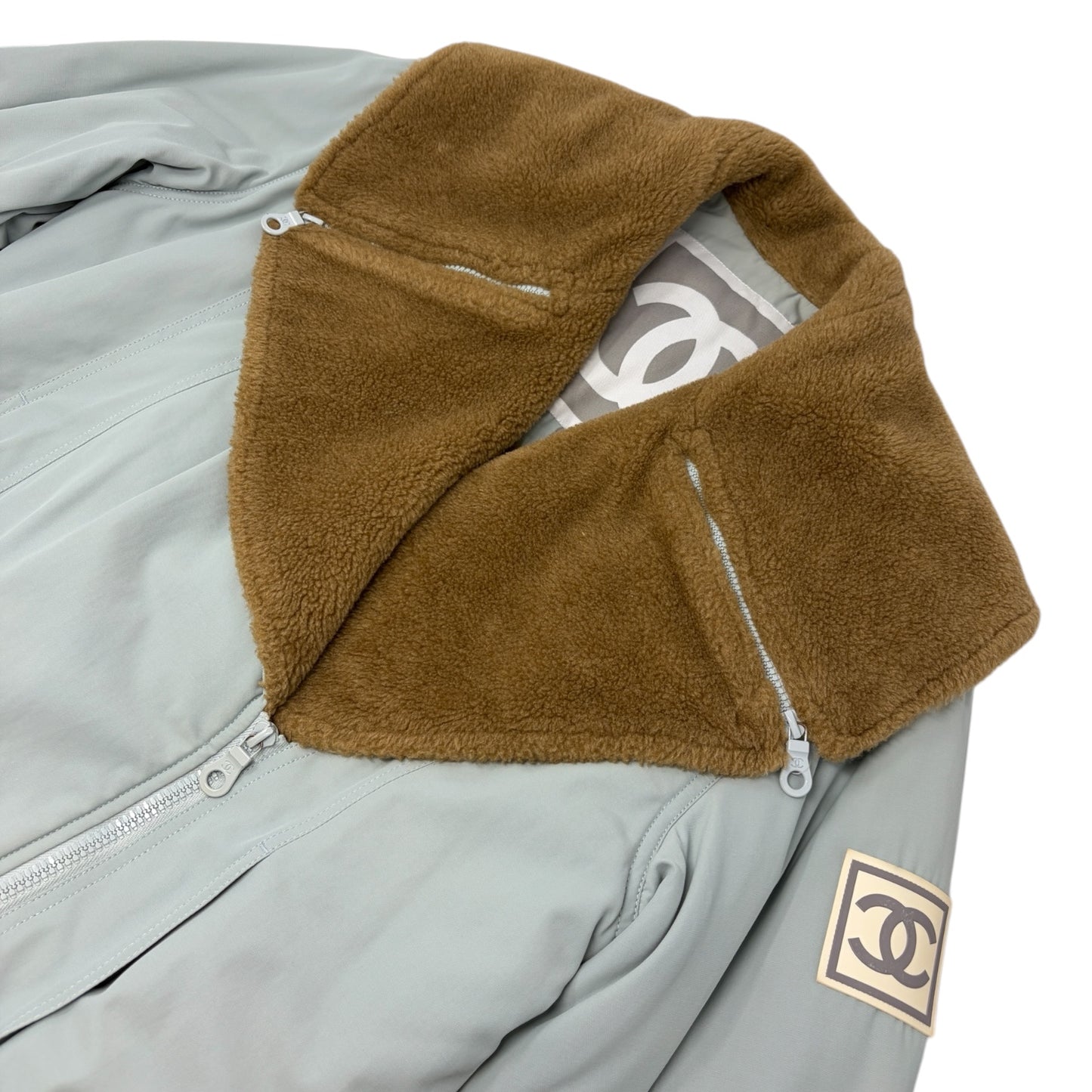 CHANEL Sport Vintage 01A CC Logo Ski Wear Jacket #36 Blue Brown Cotton Fur Zip
