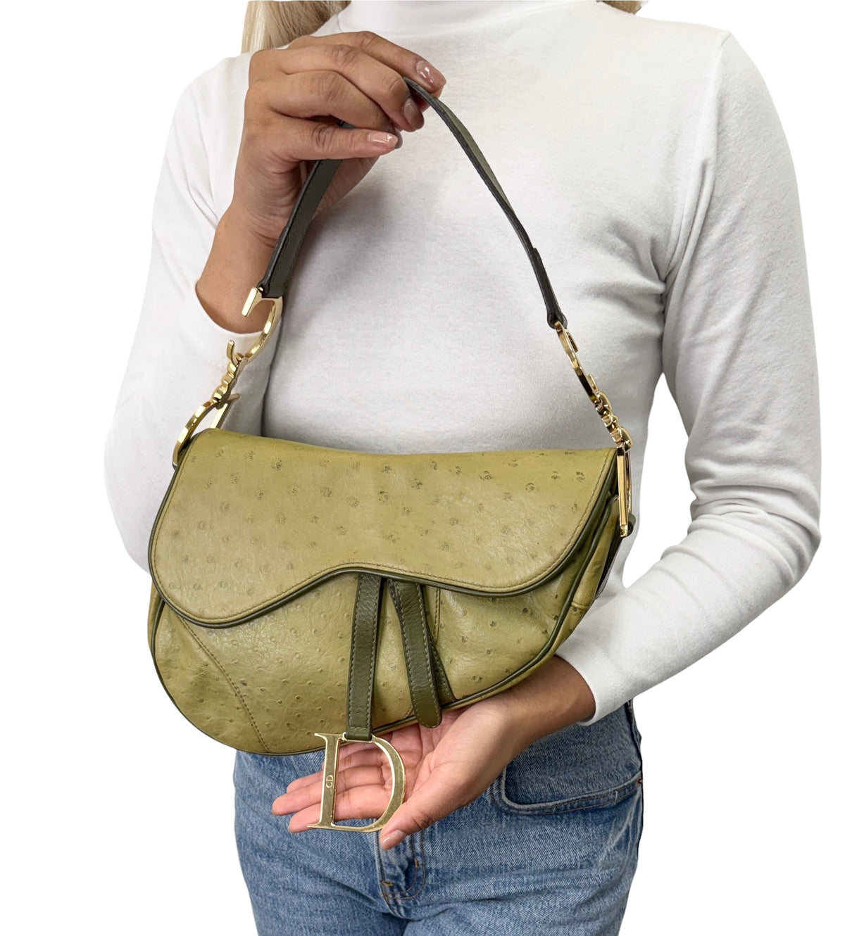 [Exclusive] Christian Dior Vintage Saddle Bag Green Gold Leather 800110
