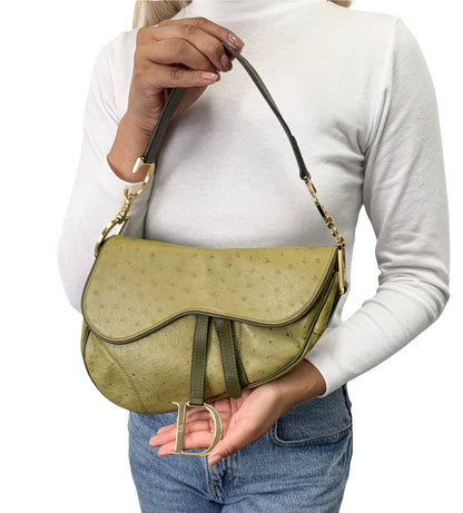 [Exclusive] Christian Dior Vintage Saddle Bag Green Gold Leather 800110
