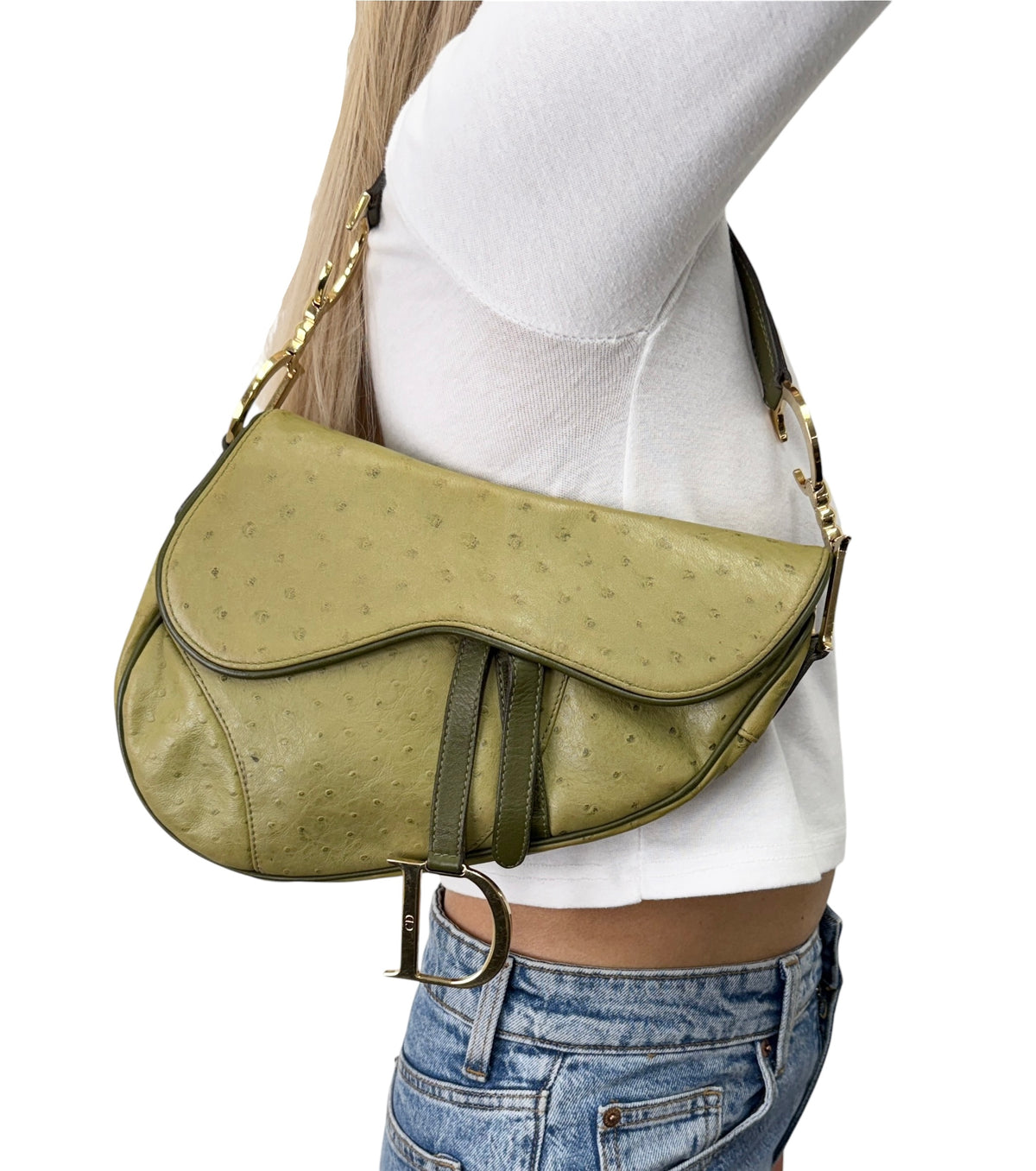 [Exclusive] Christian Dior Vintage Saddle Bag Green Gold Leather 800110