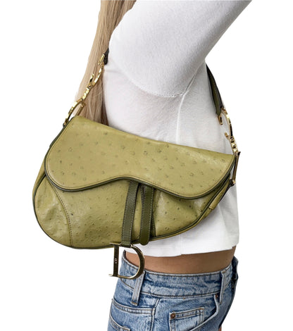[Exclusive] Christian Dior Vintage Saddle Bag Green Gold Leather 800110