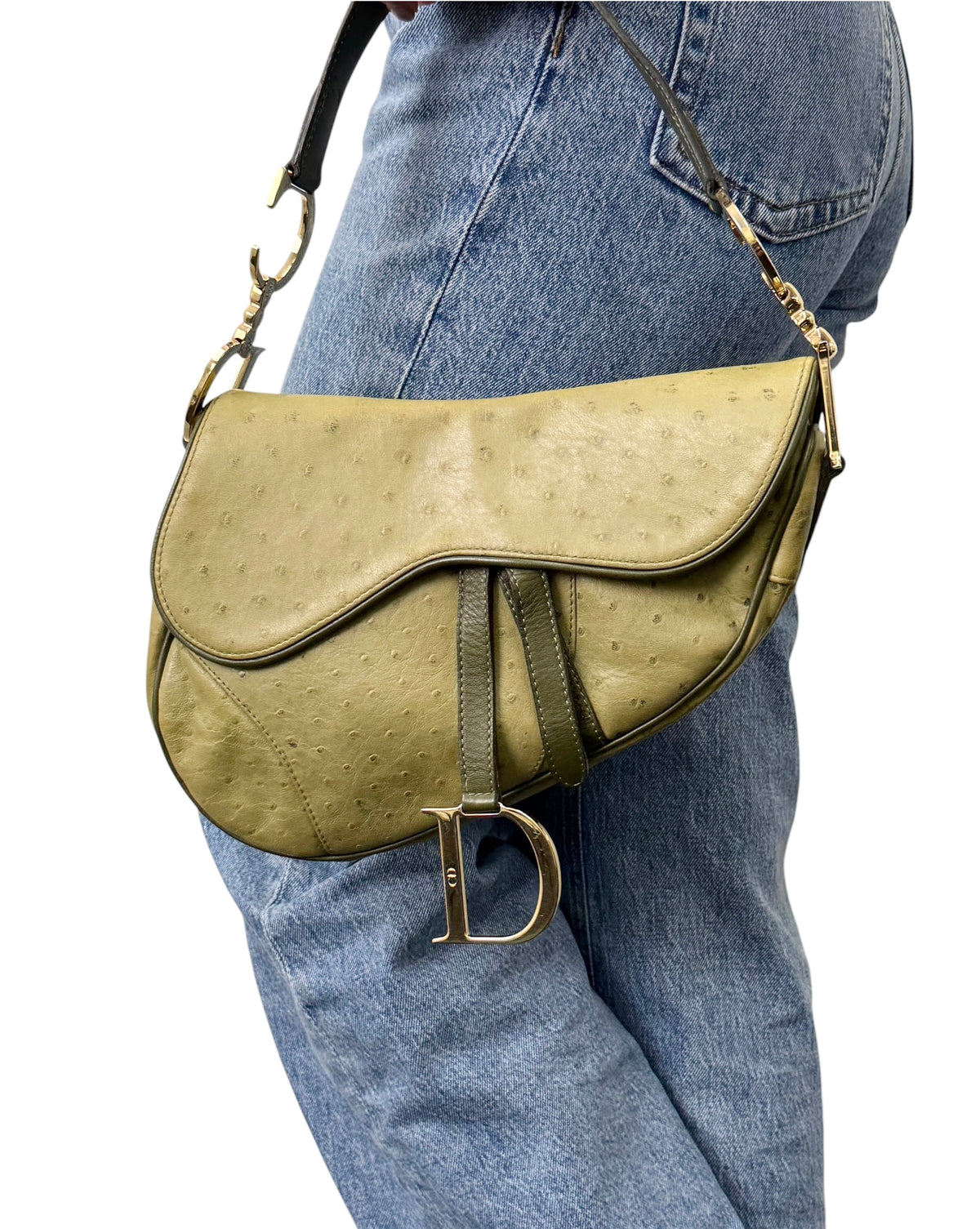 [Exclusive] Christian Dior Vintage Saddle Bag Green Gold Leather 800110