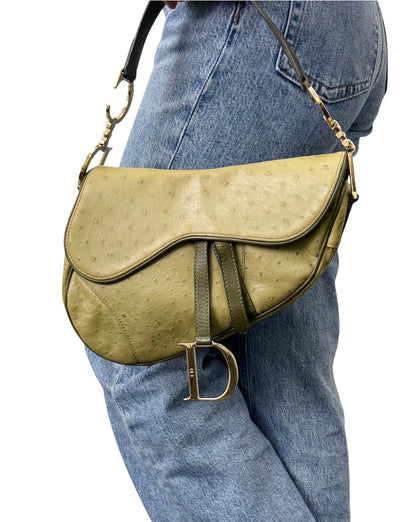 [Exclusive] Christian Dior Vintage Saddle Bag Green Gold Leather 800110