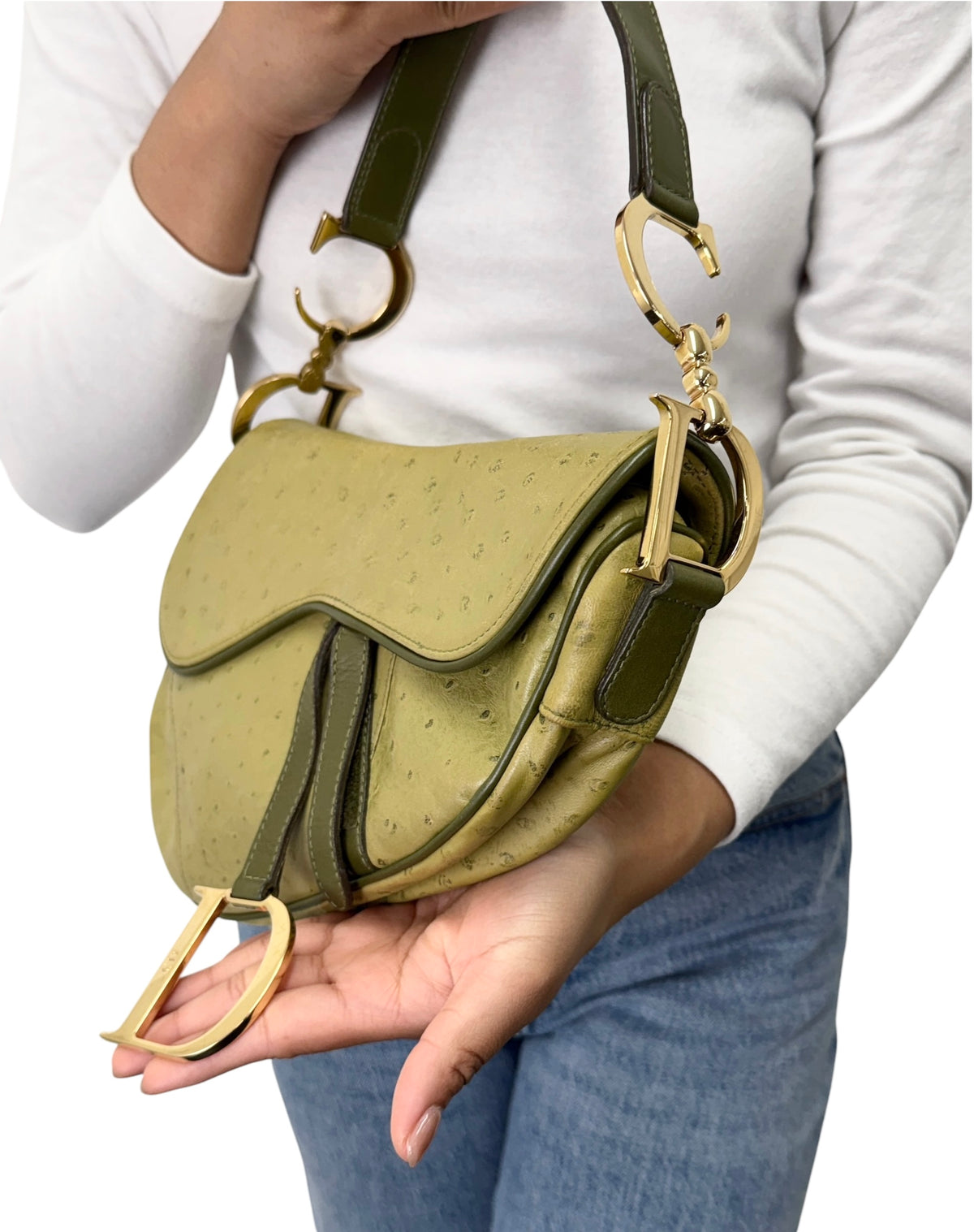 [Exclusive] Christian Dior Vintage Saddle Bag Green Gold Leather 800110