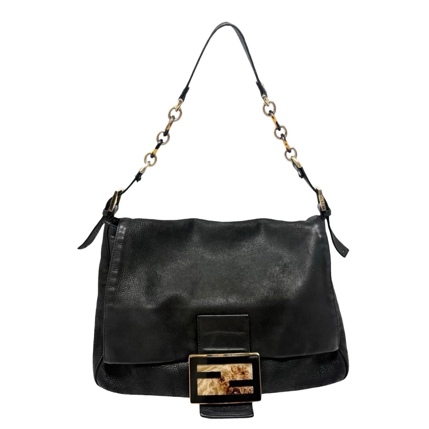 [Exclusive] FENDI Vintage Logo Mamma Baguette Shoulder Bag Black Gold Leather 800003
