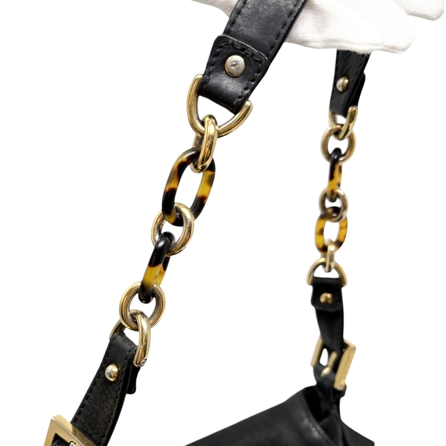 [Exclusive] FENDI Vintage Logo Mamma Baguette Shoulder Bag Black Gold Leather 800003