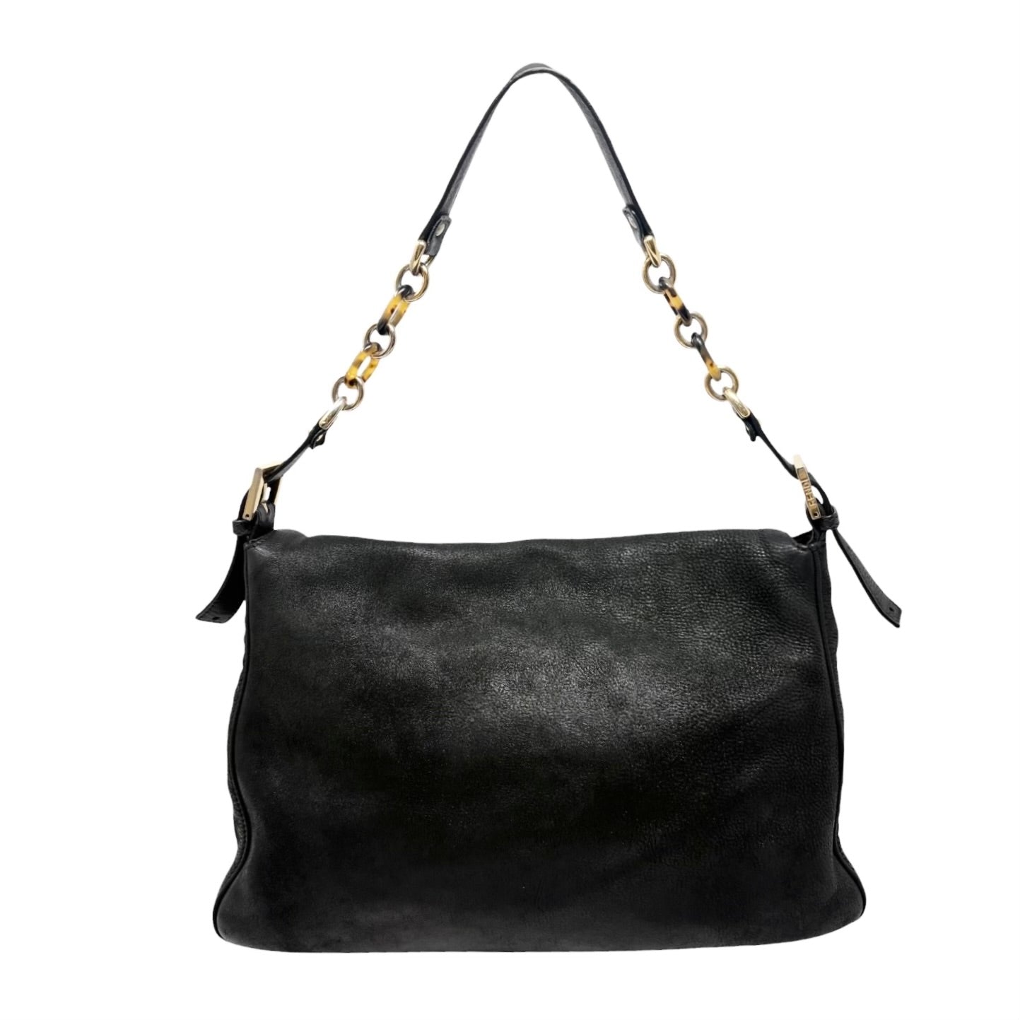 [Exclusive] FENDI Vintage Logo Mamma Baguette Shoulder Bag Black Gold Leather 800003