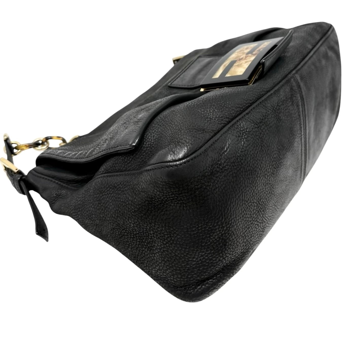 [Exclusive] FENDI Vintage Logo Mamma Baguette Shoulder Bag Black Gold Leather 800003