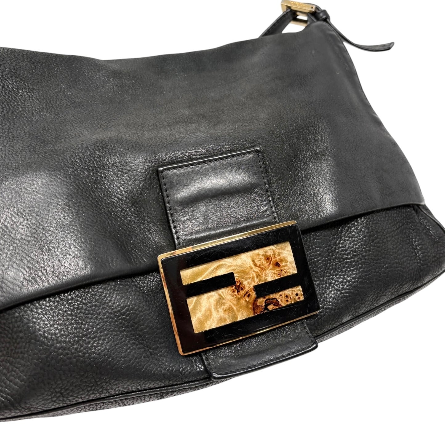 [Exclusive] FENDI Vintage Logo Mamma Baguette Shoulder Bag Black Gold Leather 800003