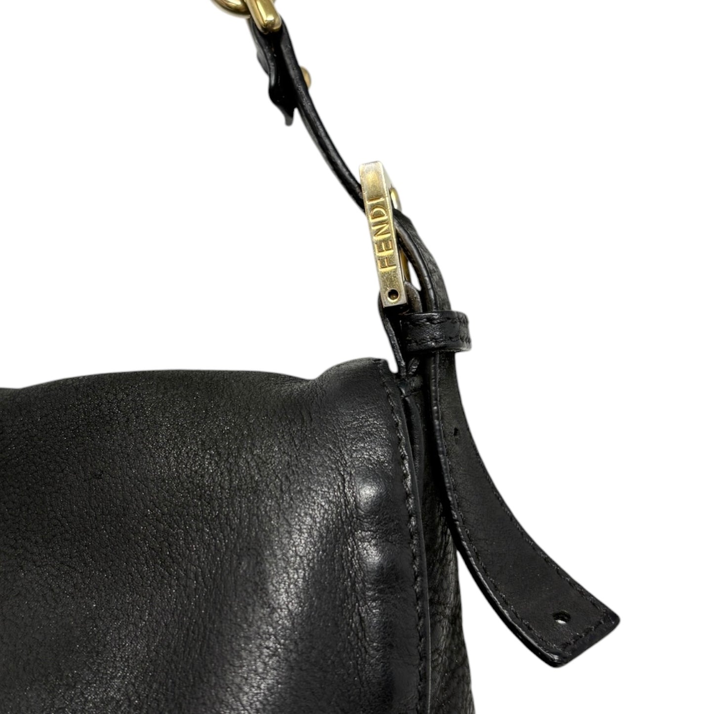 [Exclusive] FENDI Vintage Logo Mamma Baguette Shoulder Bag Black Gold Leather 800003
