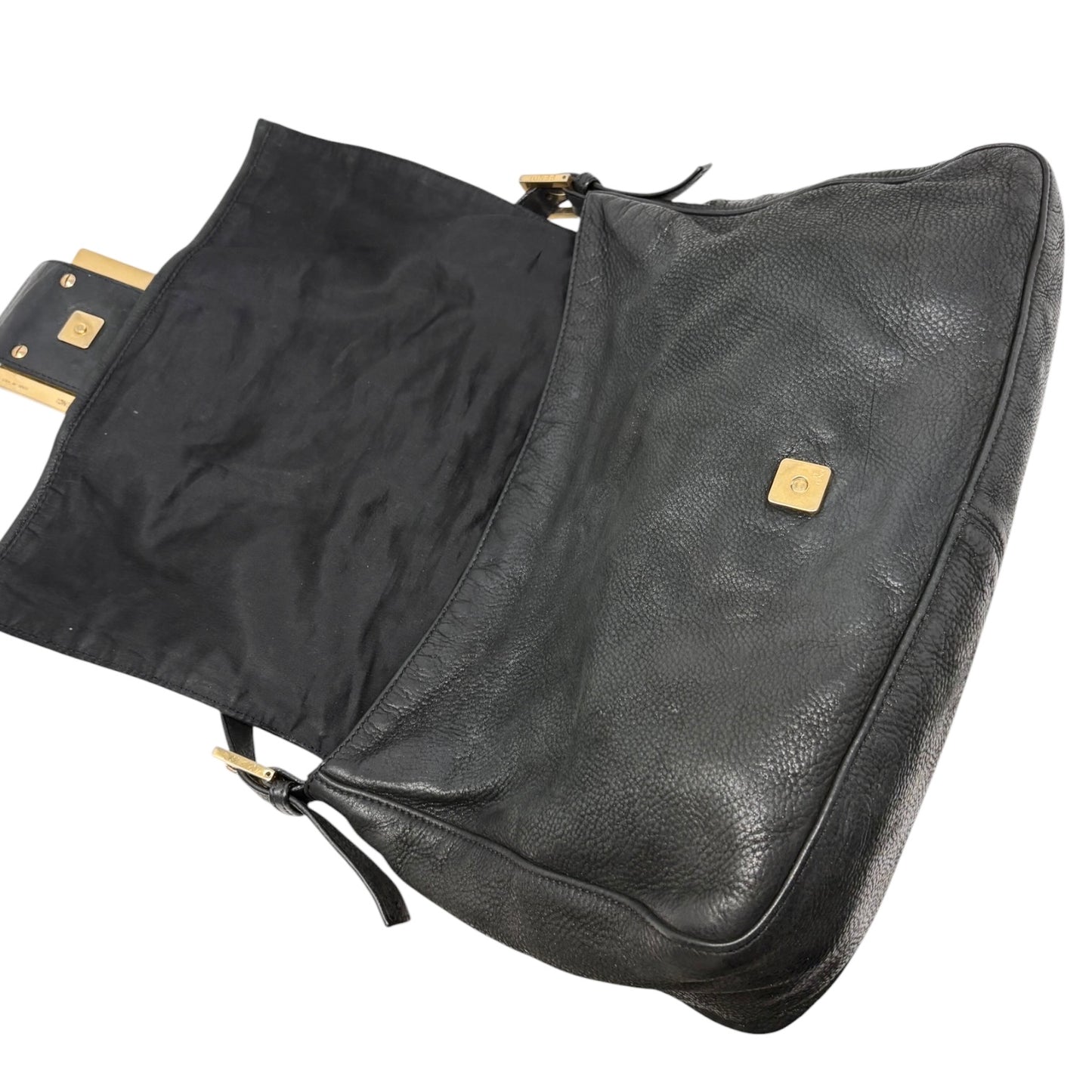 [Exclusive] FENDI Vintage Logo Mamma Baguette Shoulder Bag Black Gold Leather 800003
