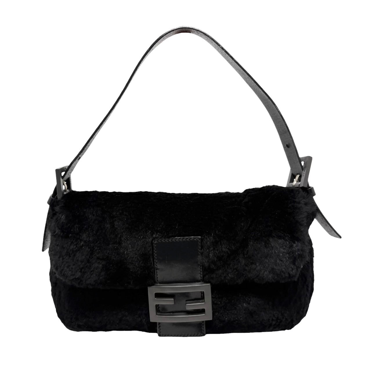 [Exclusive] FENDI Vintage FF Logo Mamma Baguette Fur Bag Black Leather 800004